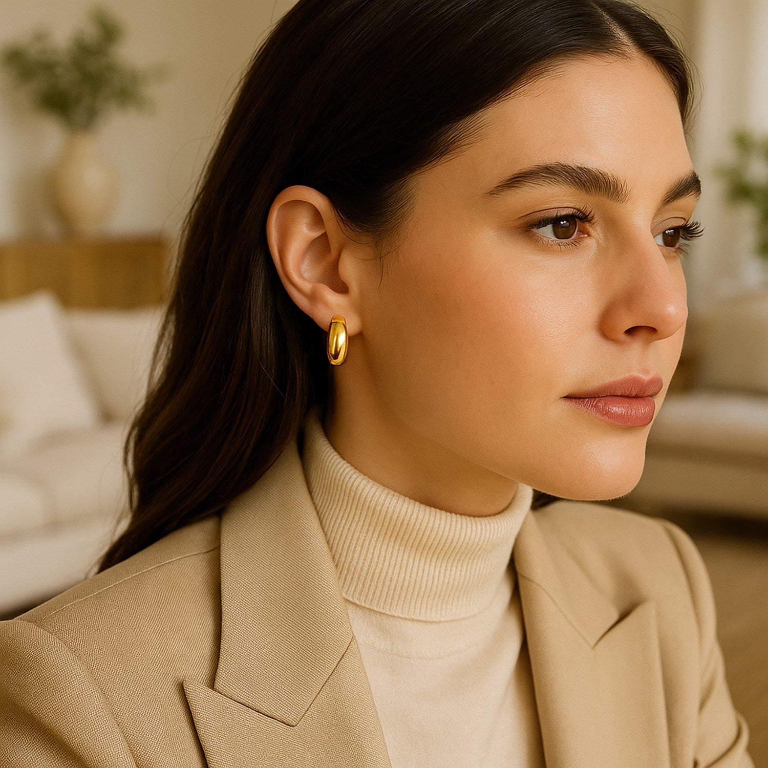 14k Yellow Gold Wide Medium Hoop Earrings with Snap Lock