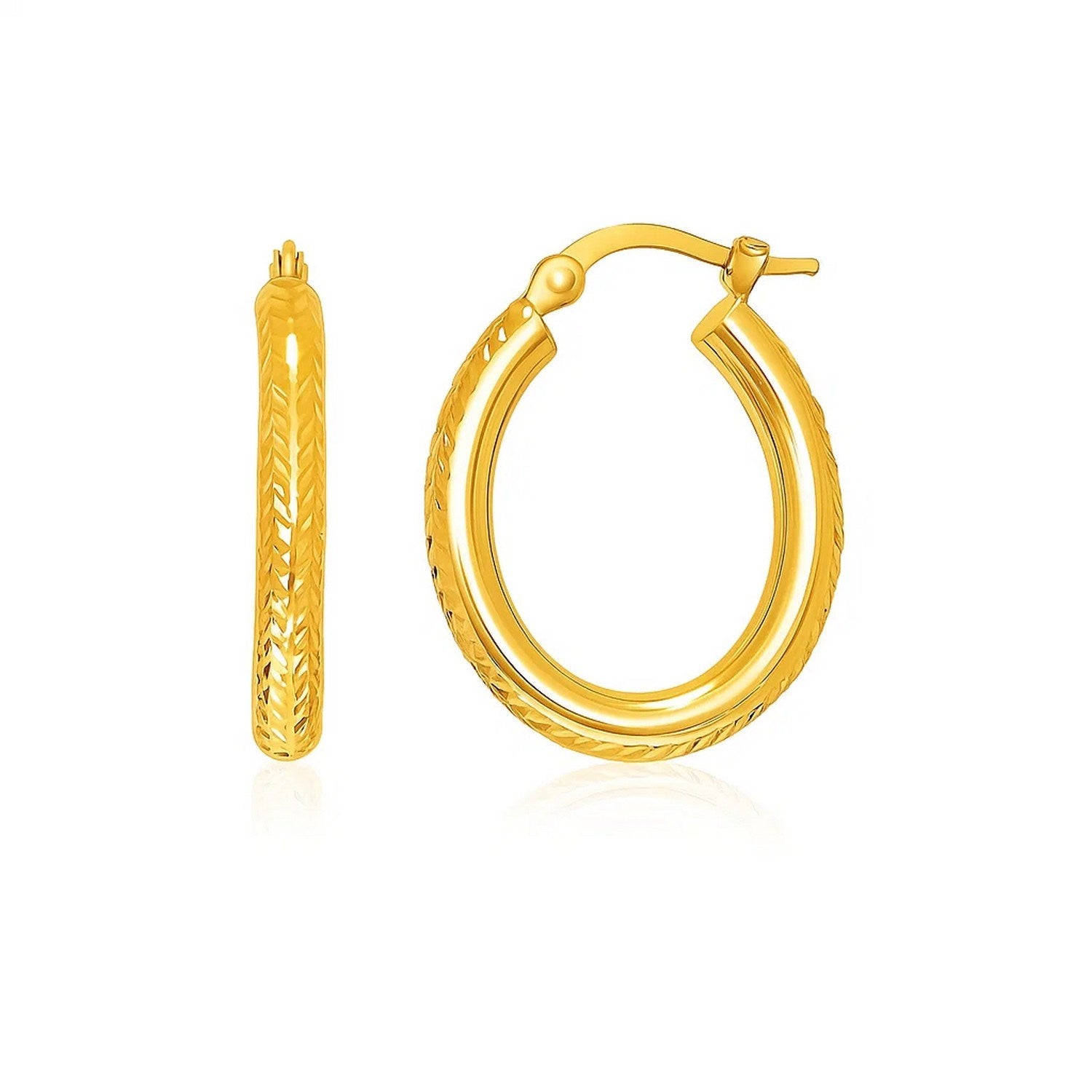 14k Yellow Gold Diamond Cut Textured Oval Hoop Earrings