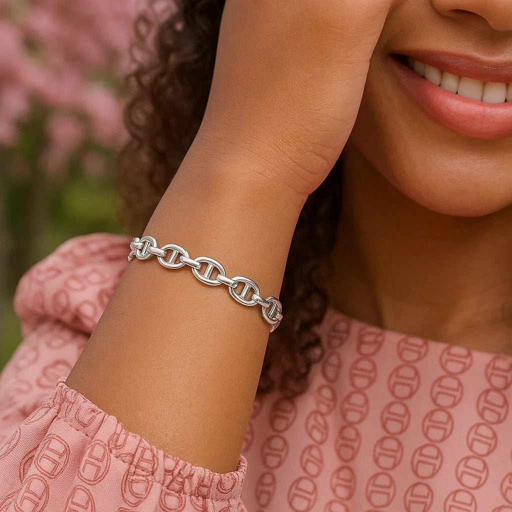 Sterling Silver Rhodium Plated Puffed Mariner Bracelet (9.00 mm)