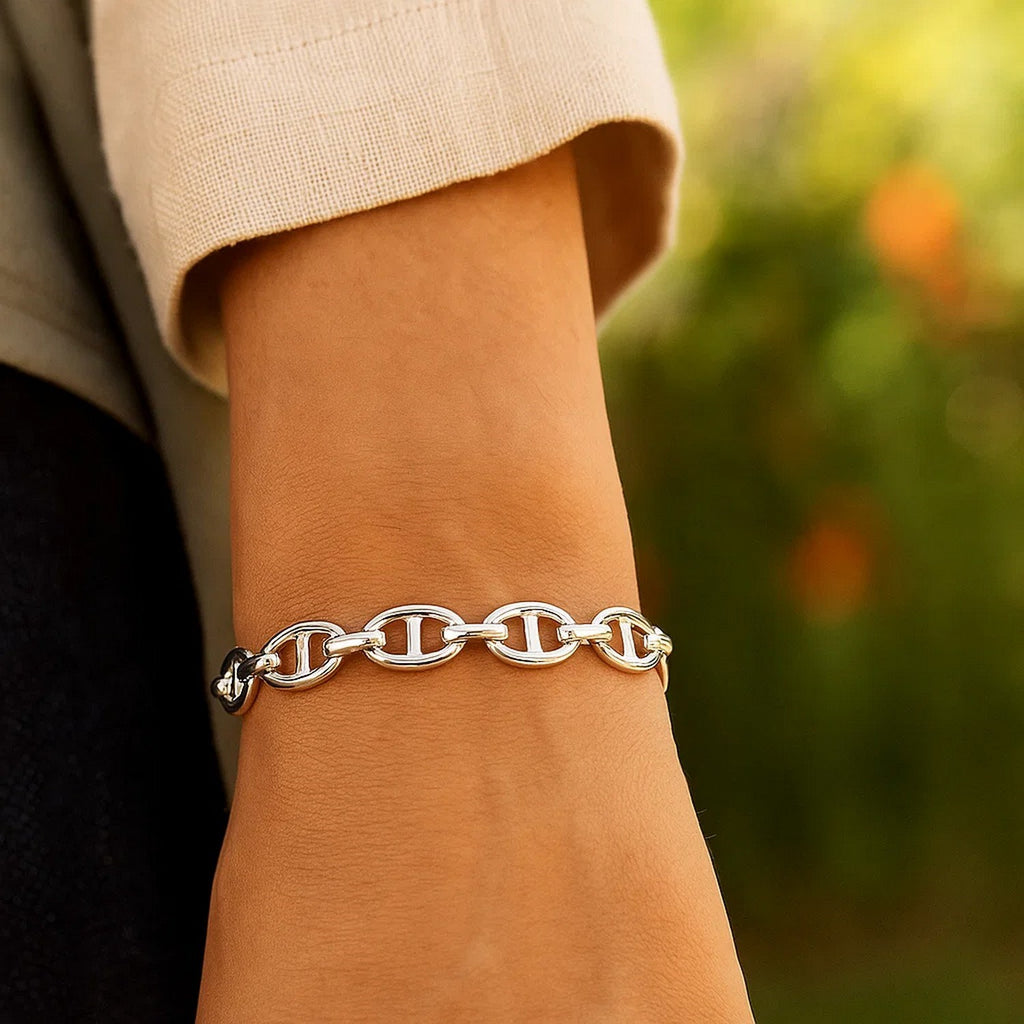 Sterling Silver Rhodium Plated Puffed Mariner Bracelet (9.00 mm)