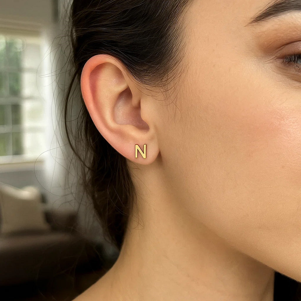 14K Yellow Gold Yours Truly Initial N Stud Earrings