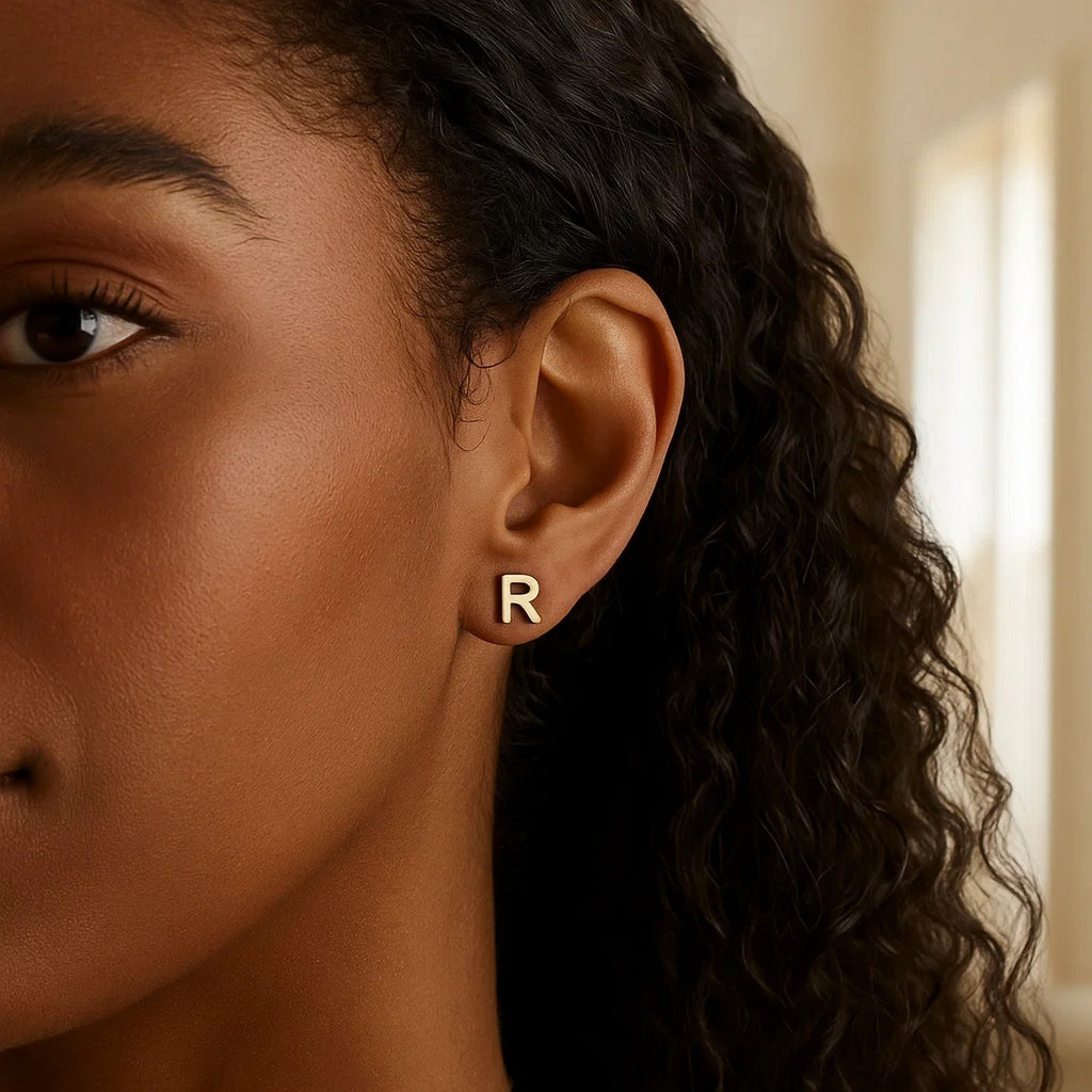 14K Yellow Gold Yours Truly Initial R Stud Earrings